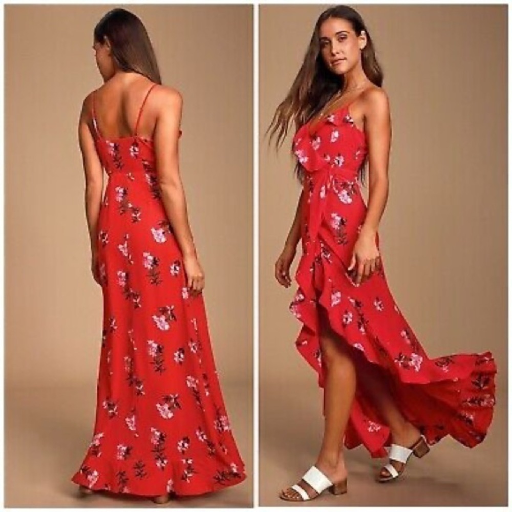 Lulus Rosana Red Floral Print Ruffled Wrap Maxi Dress